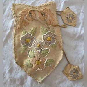 Antique Reticule Japanese Rafia Floral Embroidered Linen Drawstring Pouch w Tabs
